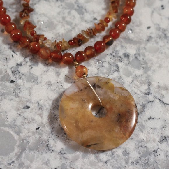 Orange Natural Stone Disc Necklace - Picture 3 of 6